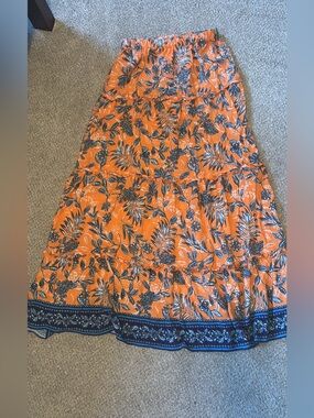 Women’s Orange Floral Maxi Skirt - Elastic Waist